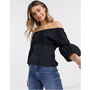 NWT Free People Teagan Puff Sleeve Bodice Top Black Boho Minimal Ruffle Hem